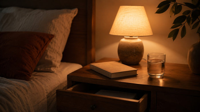 A softly lit bedside nightstand at dusk, the quiet moment before choosing the best lube for condoms.