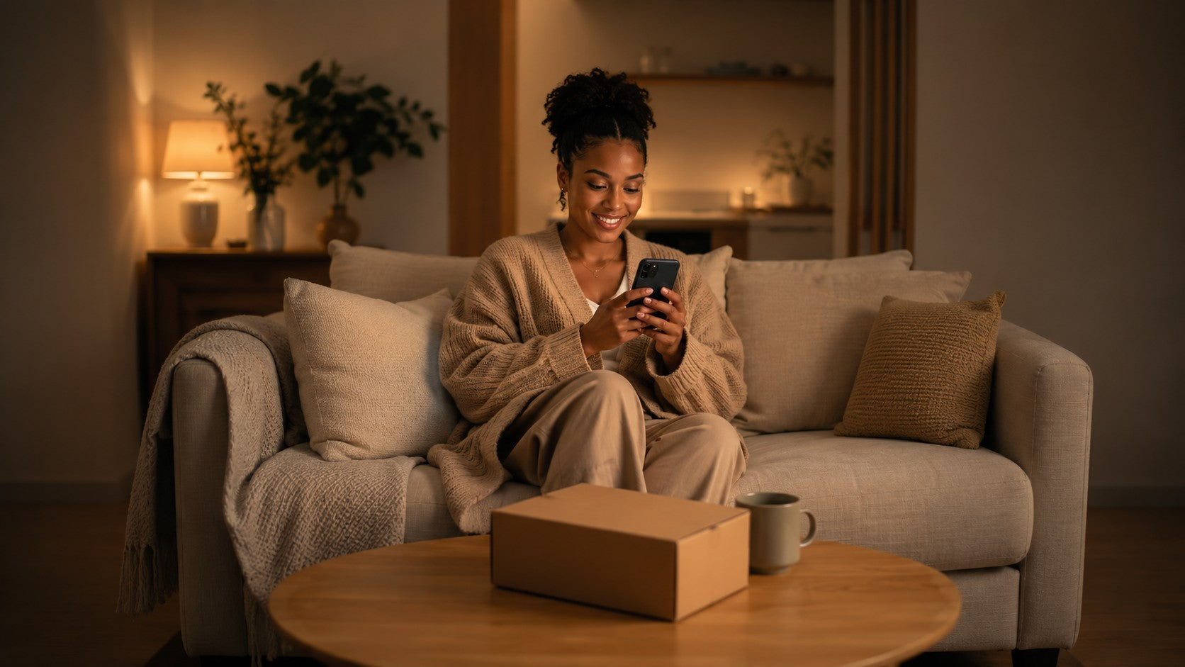 Relaxed woman at home with a plain delivery box — buying condoms discreetly online.