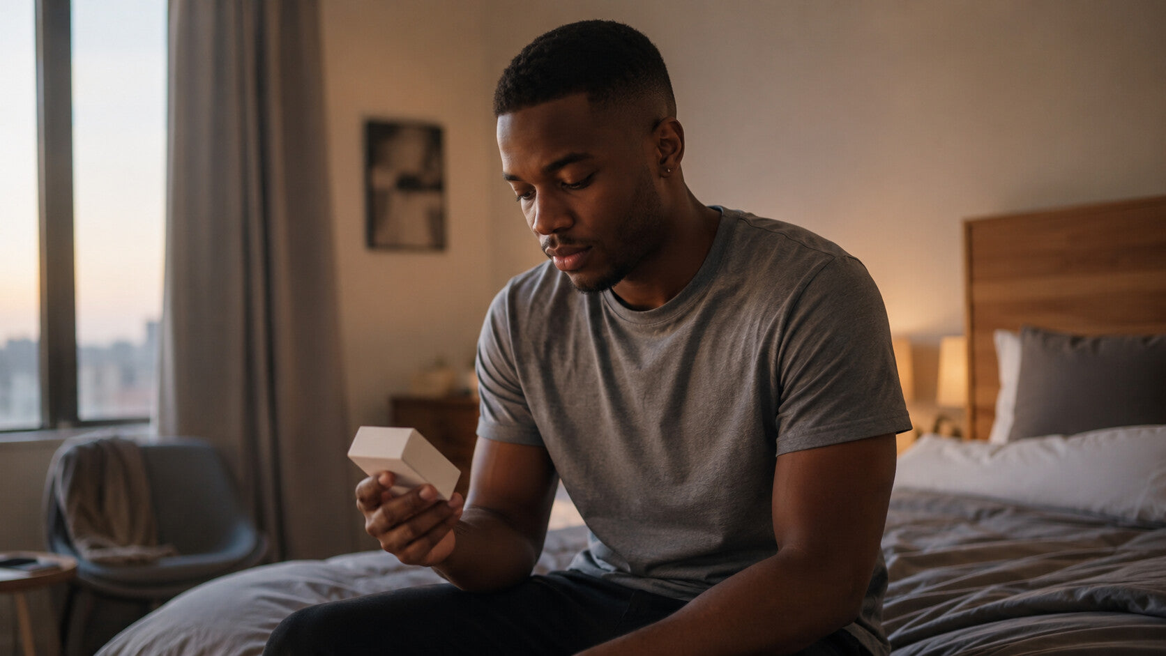 Man sitting on the edge of a bed in the evening, holding a small unbranded condom box, thoughtful expression