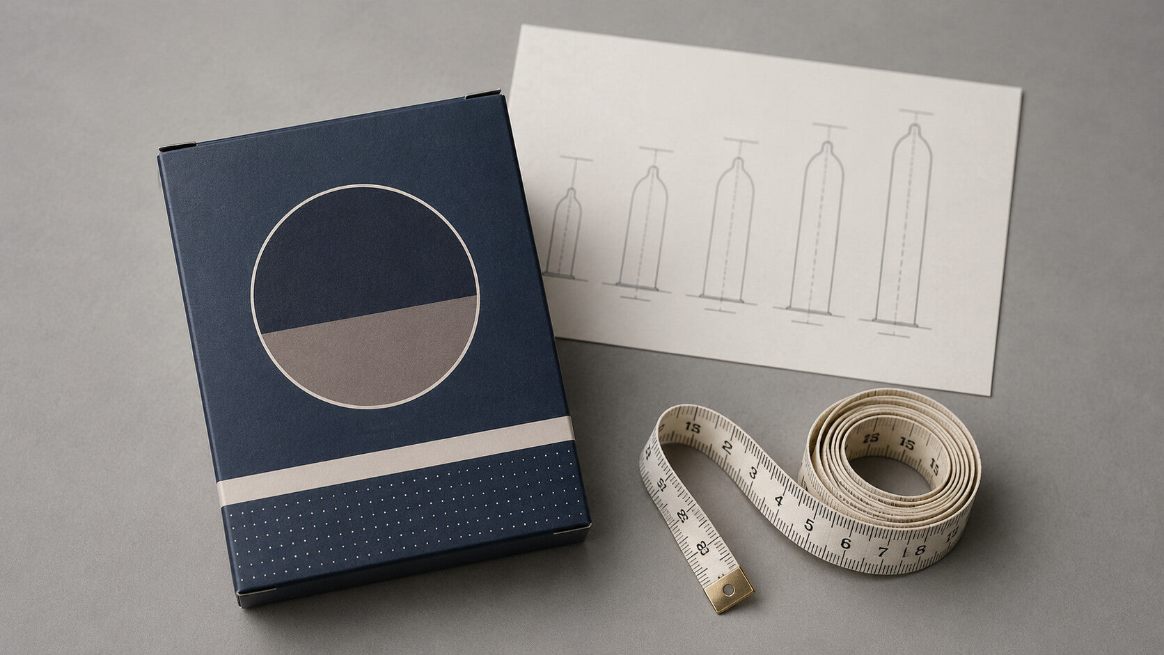 Unopened condom box beside a printed condom size chart and a cloth tape measure, illustrating how to know if a condom is too big