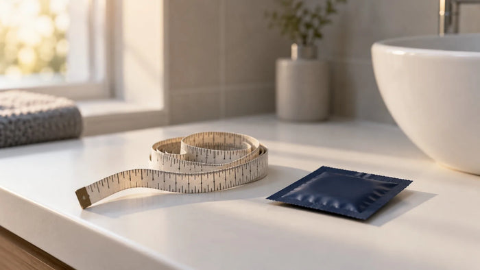 A soft tape measure and a condom packet resting on a bathroom counter, the everyday setup behind finding your average girth