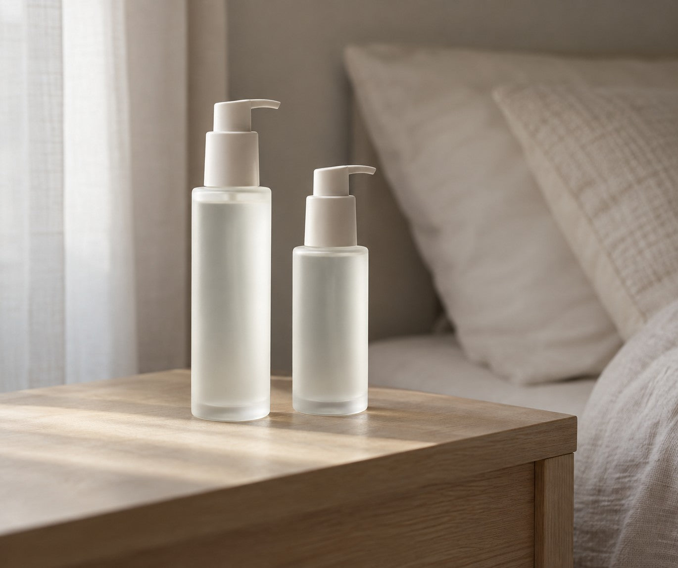 Two unbranded bottles of personal lubricant on a bedside table, the starting point for choosing the best anal lube