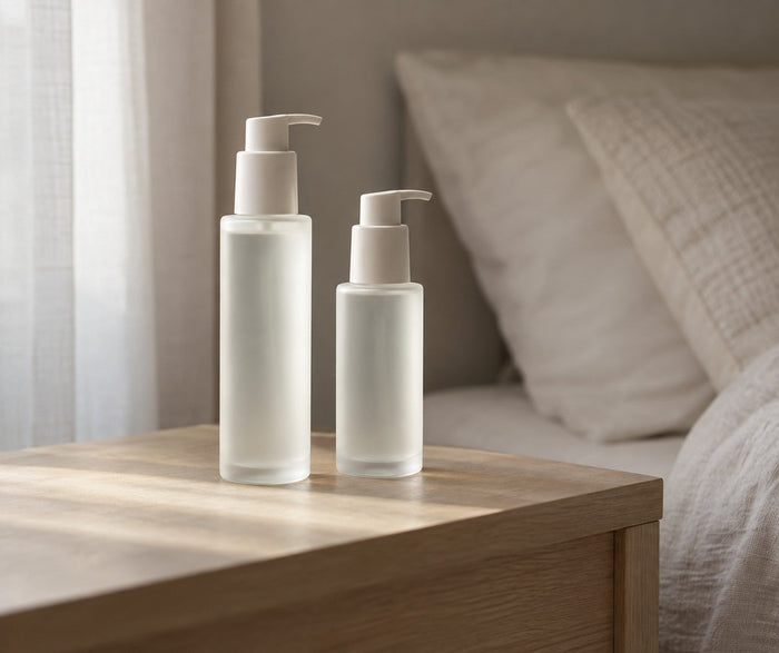 Two unbranded bottles of personal lubricant on a bedside table, the starting point for choosing the best anal lube