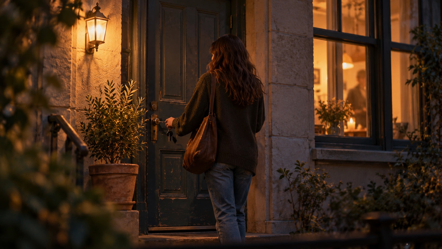 Choosing the best condoms for first time sex - a person unlocking an apartment door at dusk with warm light in the window beyond