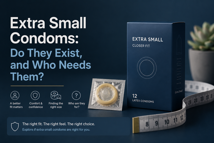 A product-style image featuring an extra-small condom package, a measuring tape, and a foil-wrapped condom on a dark blue background, illustrating condom sizing, fit, and comfort.
