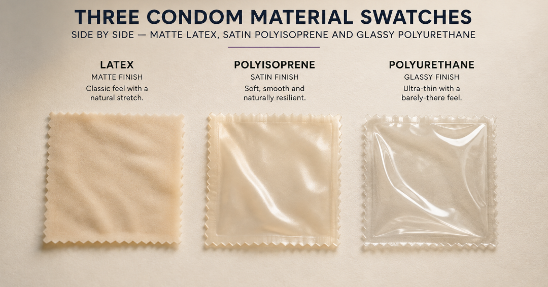 Three condom material swatches side by side — matte latex, satin polyisoprene and glassy polyurethane