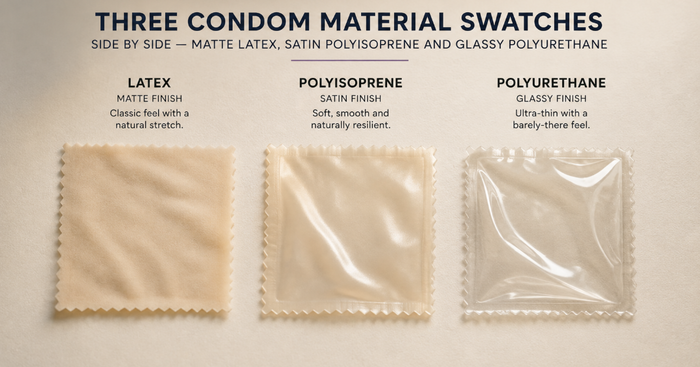 Three condom material swatches side by side — matte latex, satin polyisoprene and glassy polyurethane