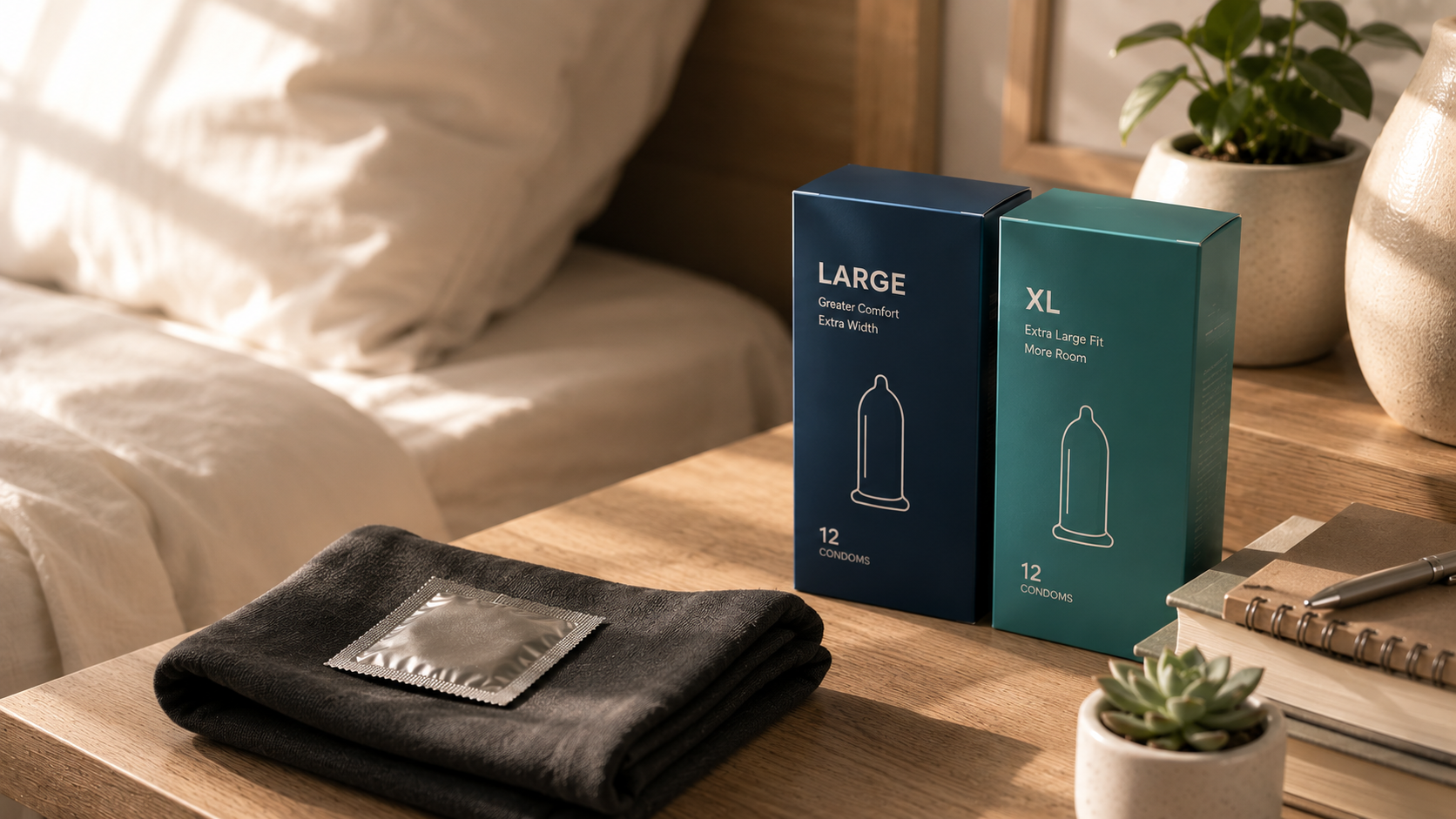 Large and XL condom boxes displayed on a warm bedside table with a foil packet.