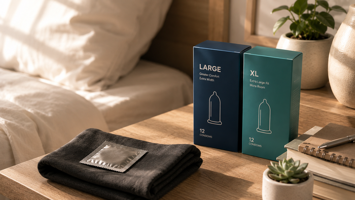 Large and XL condom boxes displayed on a warm bedside table with a foil packet.