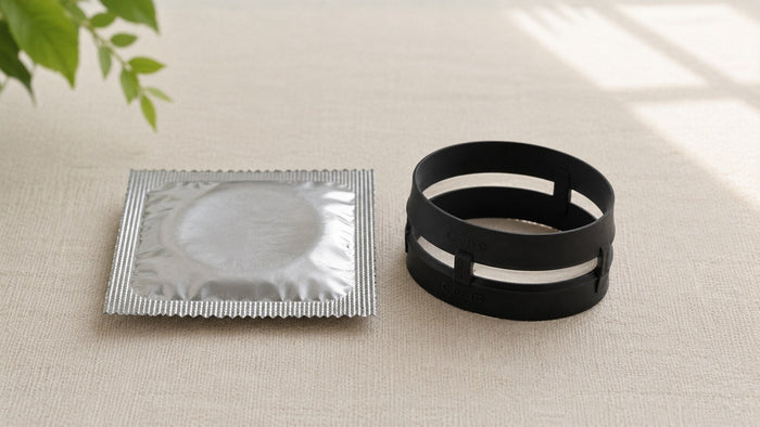 Closed condom foil packet beside a Slip Guard device on a neutral linen surface, illustrating freshness, expiration awareness, and the timing of every safer-sex moment