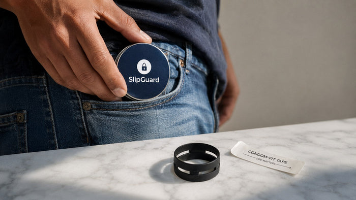 A man with the Slip Guard condom retention device and a condom-fit tape packet on a marble counter, showing how to keep a condom from falling off