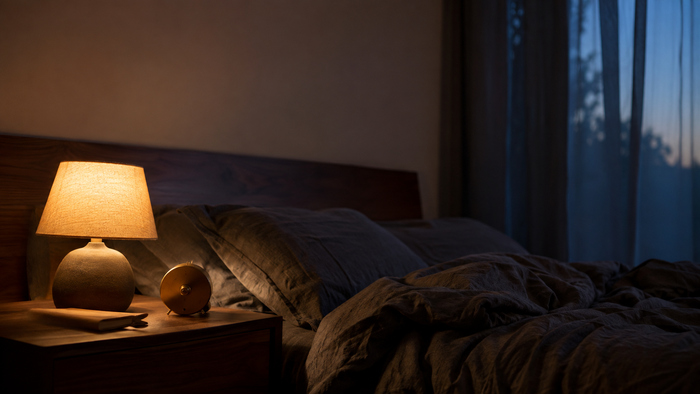 Warm lamplight across a quiet bedroom at dusk, setting the scene for learning how to use a cock ring safely