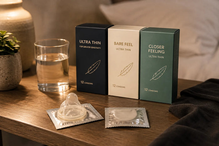 Warm bedroom nightstand with ultra-thin condom boxes, foil packets, and a condom, styled in soft natural light.