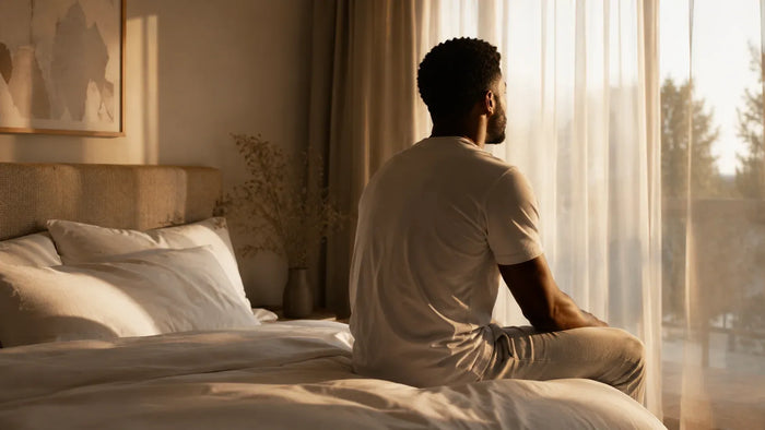 Man sitting on edge of bed gazing at morning window light — calm confidence after finding the right small condom fit