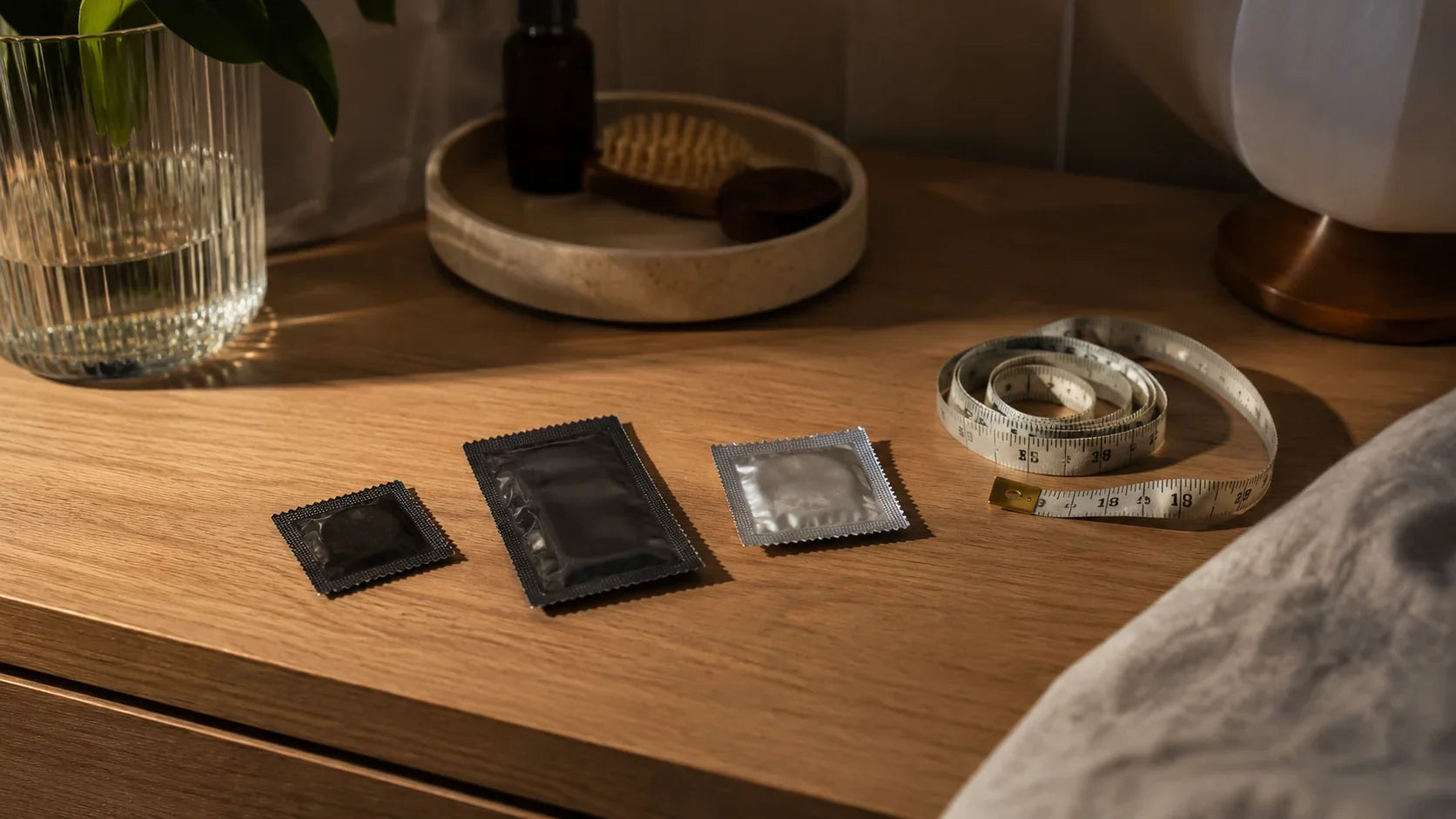 Minimalist nightstand with unbranded condom foil packets in different sizes and a soft measuring tape — how should a condom fit before intimacy