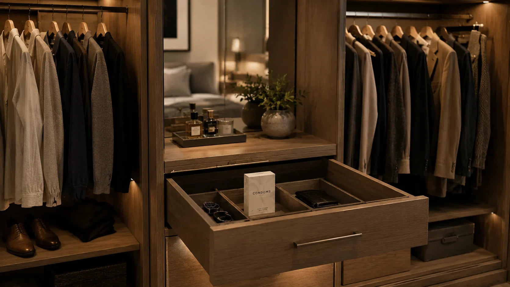 Where to keep condoms — calm bedroom nightstand with drawer open and a condom box visible
