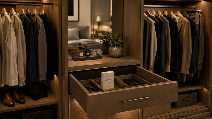 Where to keep condoms — calm bedroom nightstand with drawer open and a condom box visible